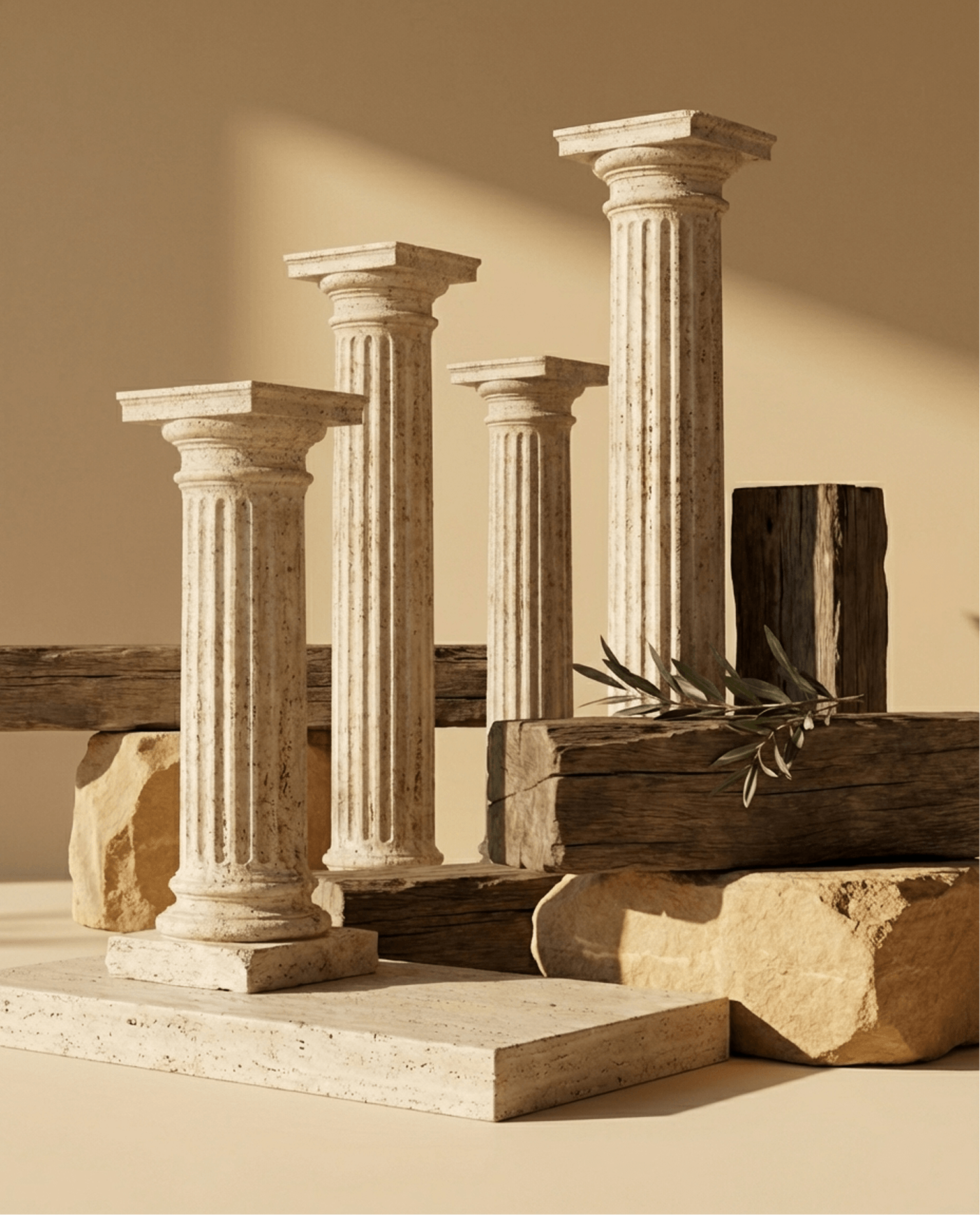 A serene display of four fluted stone columns, natural rocks, and wooden beams, featuring an olive branch on a warm, earthy background.