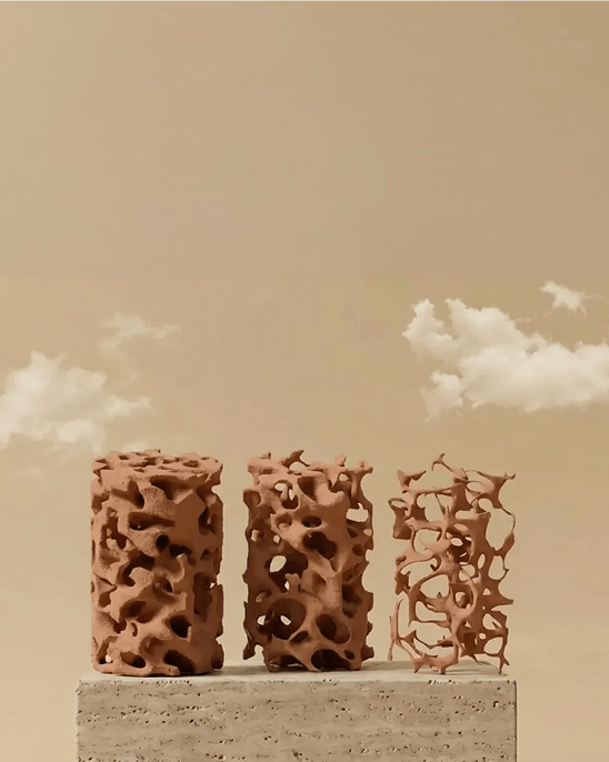 Three reddish-brown porous models depicting decreasing bone density from left to right, on a textured platform against a light background with clouds.