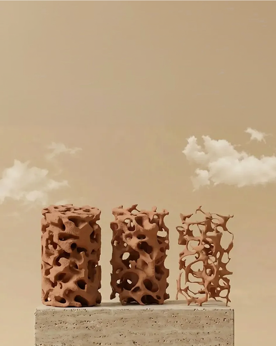 Three reddish-brown porous models depicting decreasing bone density from left to right, on a textured platform against a light background with clouds.