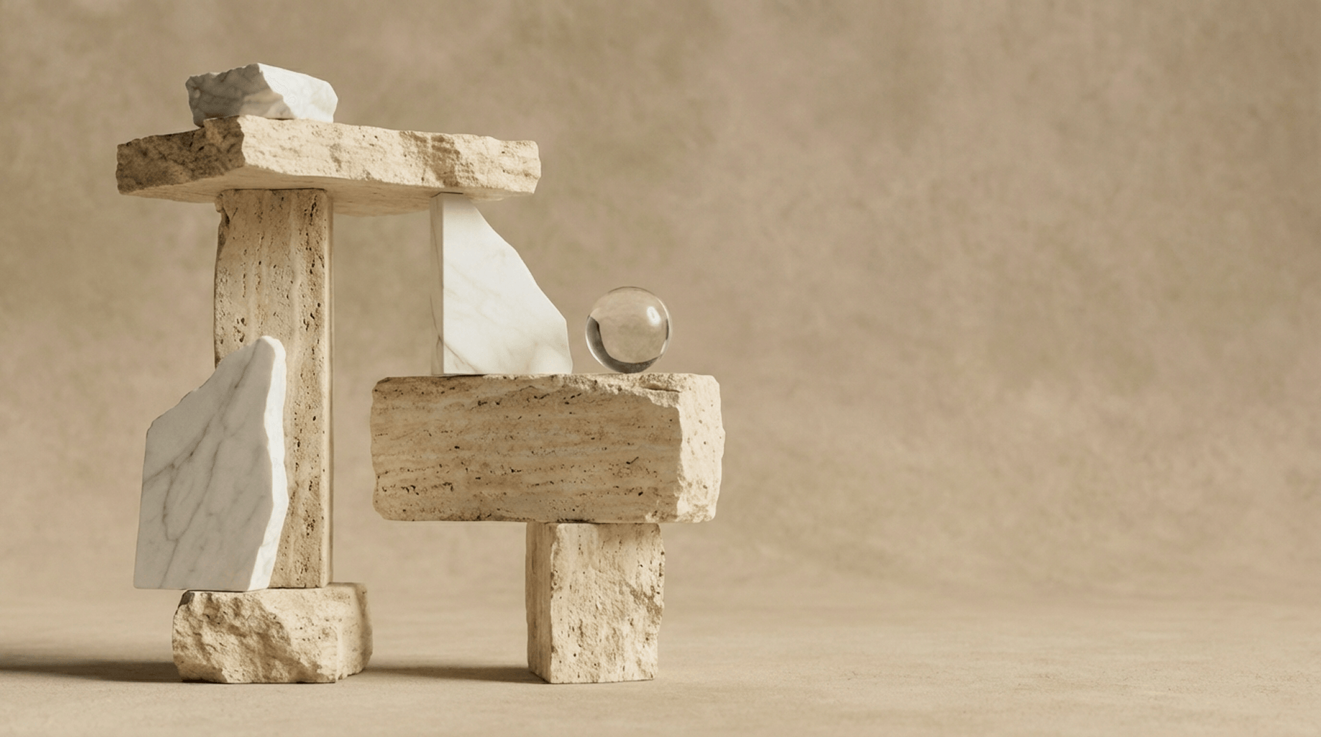 A minimalist still life of raw, textured travertine and white veined marble pieces stacked with a clear glass sphere, against a warm, earthy background.
