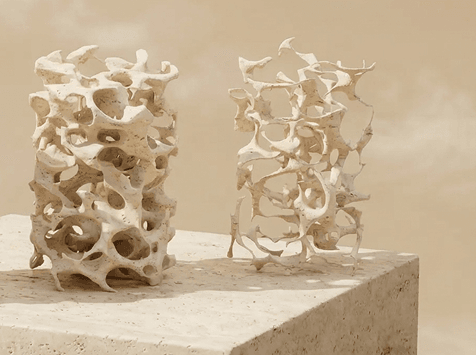 Two porous bone models on a stone block, the left showing a dense structure, the right a more sparse and fragile one.